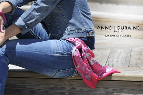 French silk scarf, pink color, by ANNE TOURAINE Paris™. Tied as a flowing semi belt on a pair of jeans