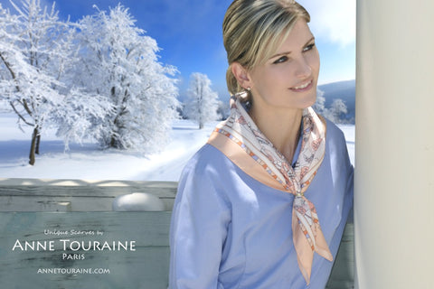 Winter inspired silk scarf by ANNE TOURAINE Paris™, peach color as a winter scarf