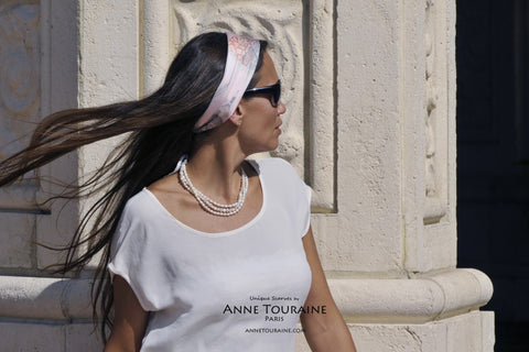 Summer headbands: an ANNE TOURAINE Paris pink silk scarf makes a lovely touch
