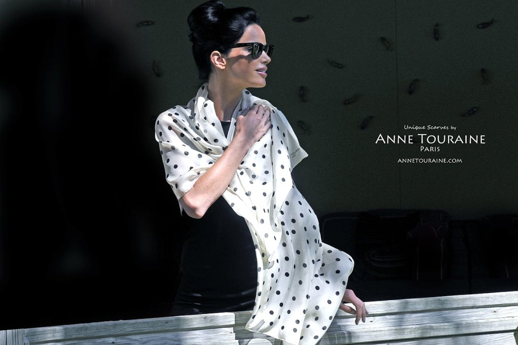 Chiffon silk scarves by ANNE TOURAINE Paris™: champagne polka dot scarf tied as a shoulder wrap