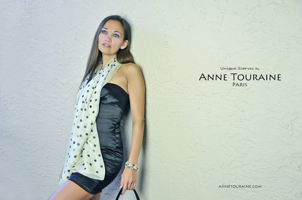 Chiffon silk scarves by ANNE TOURAINE Paris™: champagne polka dot scarf worn loose around the neck