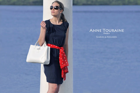 Red polka dot scarves: a chiffon silk scarf by ANNE TOURAINE Paris™. Delightfully versatile!