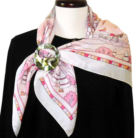ANNE TOURAINE Paris™ French silk scarf, winter theme secured with a large and modern scarf ring