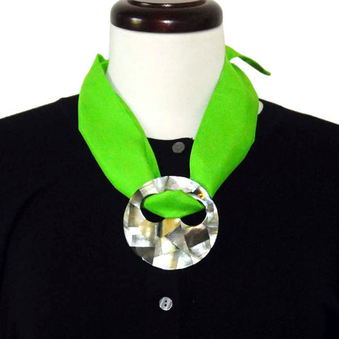 ANNE TOURAINE Paris™ green silk twilly with a large and modern scarf ring styled as a scarf pendant