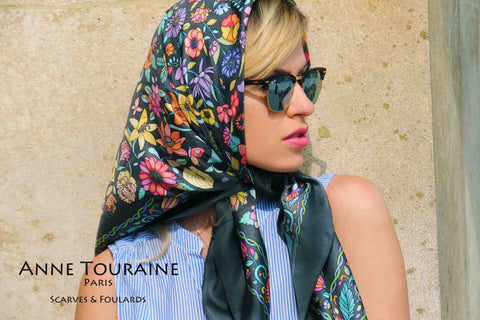 FLORAL grey silk scarf by ANNE TOURAINE Paris™. A chic way to keep up with the trend!