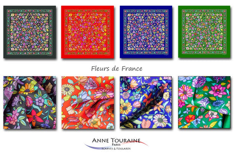 Keep up with the floral pattern trend with ANNE TOURAINE Paris™ FLORAL scarves available in four lovely colors: grey, red, blue and green