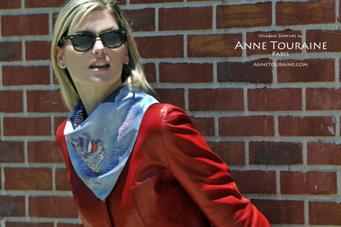 French silk scarves, twill silk, scarf PARIS NEW YORK by ANNE TOURAINE Paris™, blue tied as a fluffy neck scarf over a leather jacket