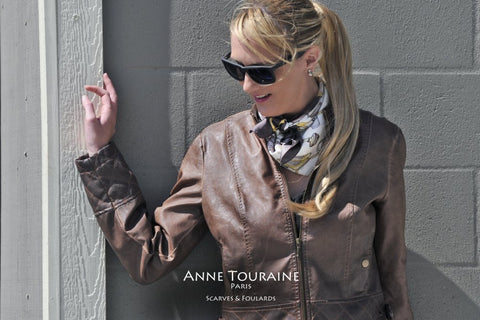 French silk scarves, twill silk, scarf Accessories by ANNE TOURAINE Paris™, brown tied as a neck scarf over a leather jacket 