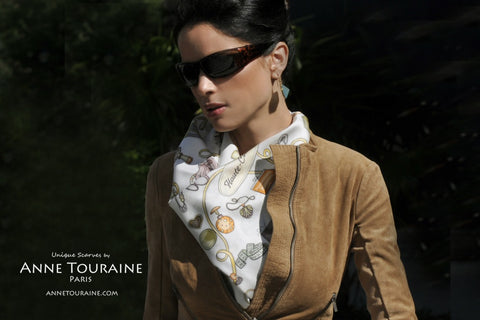 French silk scarves, twill silk, scarf Accessories by ANNE TOURAINE Paris™, brown tied as a fluffy neck scarf over a leather jacket