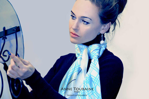 Extra large pastel blue and white silk scarf by ANNE TOURAINE Paris™. A summer must-have!