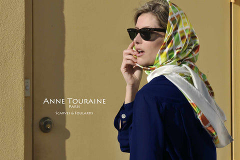 Extra large brown, green, and white silk scarf by ANNE TOURAINE Paris™. A summer must-have!
