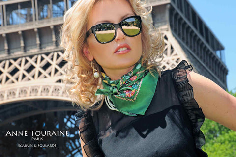 French silk scarves by ANNE TOURAINE Paris™: green floral scarf tied around the neck