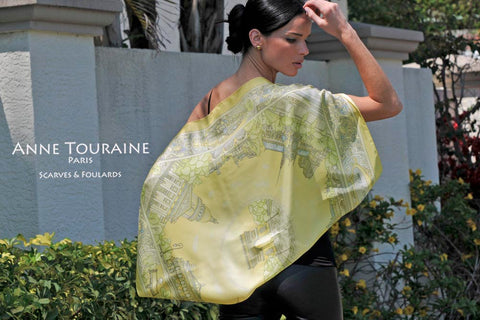 Luxury scarves: Paris yellow silk scarf, a creation of ANNE TOURAINE Paris™; Tied as large shawl