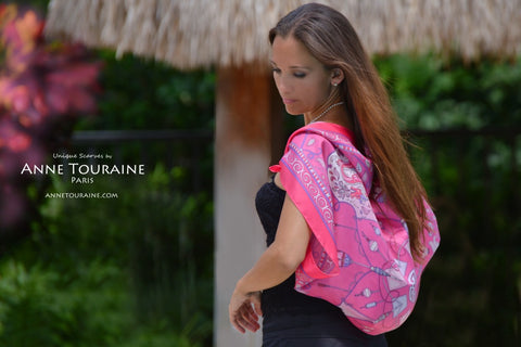 French silk scarves by ANNE TOURAINE Paris™: fuchsia pink scarf tied as a shoulder wrap