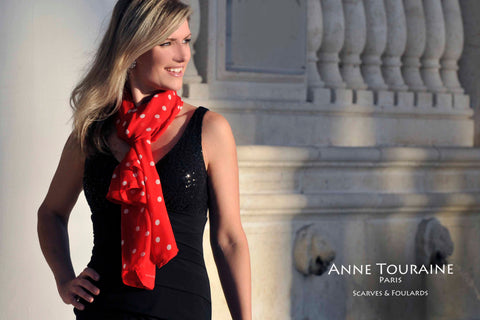 Polka dot silk scarves by ANNE TOURAINE Paris™: red scarf tied around the neck