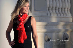 silk scarves: red polka dot scarf by ANNE TOURAINE Paris™ tied around the neck  European loop style