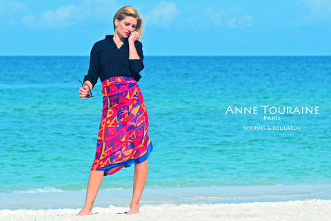 Extra large silk chiffon scarves by ANNE TOURAINE Paris™: multicolor scarf tied as a sarong