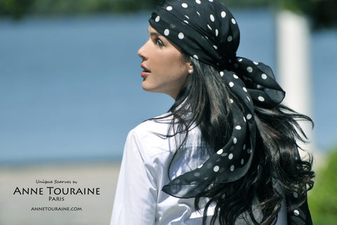 Black polka dot scarves: an ANNE TOURAINE Paris™ silk chiffon stole tied pirate style
