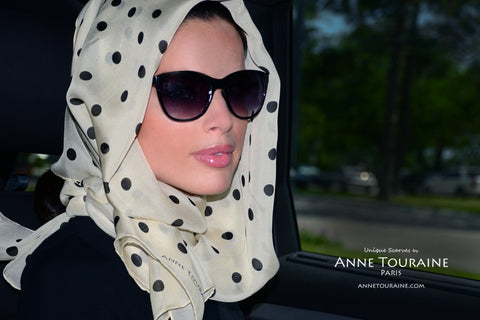Champagne polka dot scarf, silk, by ANNE TOURAINE Paris™ and sunglasses for a glamorous look