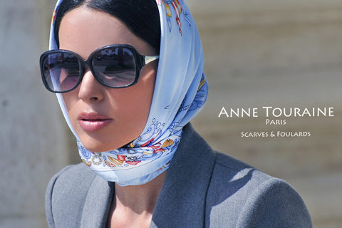 French silk scarf by ANNE TOURAINE Paris™, nautical theme, tied a la Jackie O