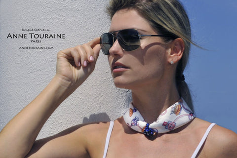 White and blue silk scarf by ANNE TOURAINE Paris™: an ultra feminine scarf