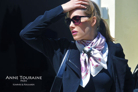 French silk scarf, pink and white by ANNE TOURAINE Paris™ and scarf ring