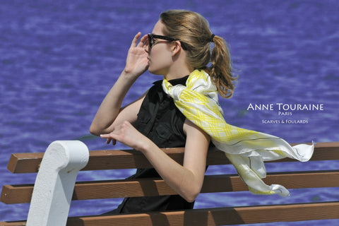 Extra large silk scarf, yellow and white by ANNE TOURAINE Paris™, romantic style