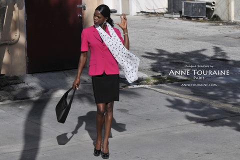 Pink polka dot scarf, silk, by ANNE TOURAINE Paris™ tied as a loose neck scarf