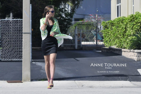 Extra large silk scarf by ANNE TOURAINE Paris™, green yellow and white, tied as a shawl