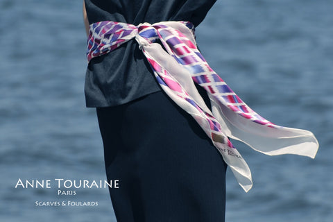 Extra large silk scarf, pink and blue by ANNE TOURAINE Paris™ tied as a romantic belt
