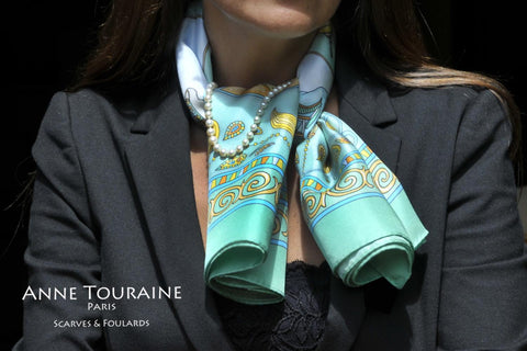 Green silk scarf by ANNE TOURAINE Paris™ with pearls