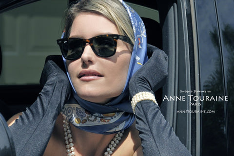 Nautical scarf, silk, blue color, by ANNE TOURAINE Paris™ with pearls à la Grace Kelly