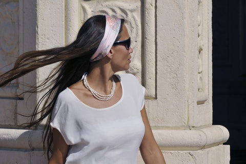 Pink head scarf by ANNE TOURAINE Paris™ and pearl necklace