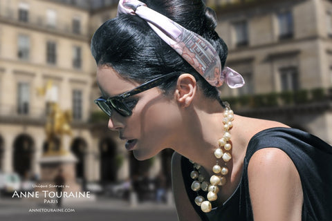 Pink silk scarf, Paris theme, by ANNE TOURAINE Paris™ with pearls a la Jackie O