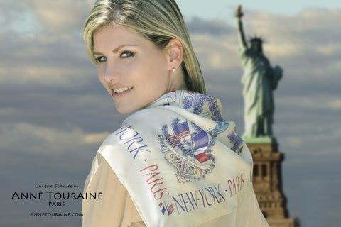 Paris New York beige silk scarf by ANNE TOURAINE Paris™ as a shoulder wrap 