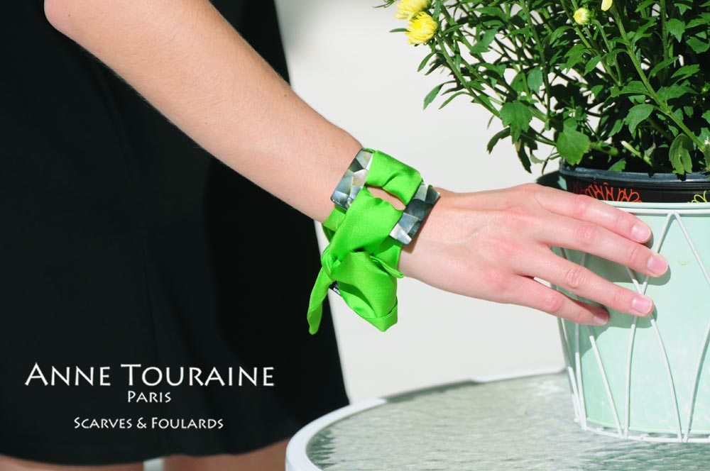 Green silk twilly and square scarf ring used to create an original silky bracelet: two unique creations by ANNE TOURAINE Paris™