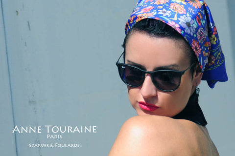 French silk scarves by ANNE TOURAINE Paris™: trendy floral blue scarf tied as a head bandana
