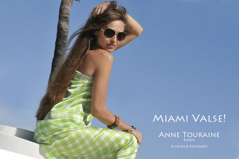 Extra large silk scarves by ANNE TOURAINE Paris™: green and white silk scarf tied a swim suit cover-up