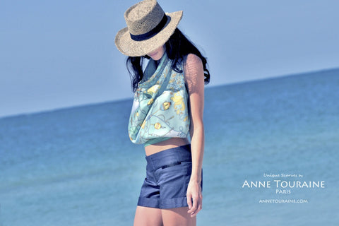 French silk scarves by ANNE TOURAINE Paris™: neon green scarf tied as an eye catching silky halter top.