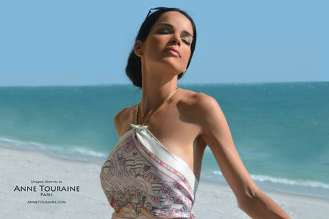French silk scarves by ANNE TOURAINE Paris™: pink and white scarf tied as a dazzling halter top