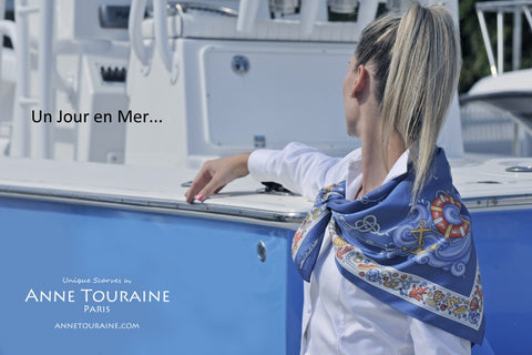 French silk scarves by ANNE TOURAINE Paris™: nautical blue scarf tied as a neck scarf tied as a shoulder wrap