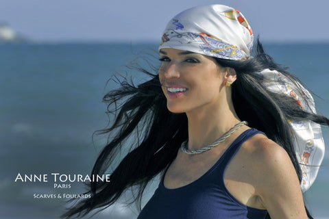 French silk scarves by ANNE TOURAINE Paris™: nautical pale grey scarf tied as a pirate headscarf