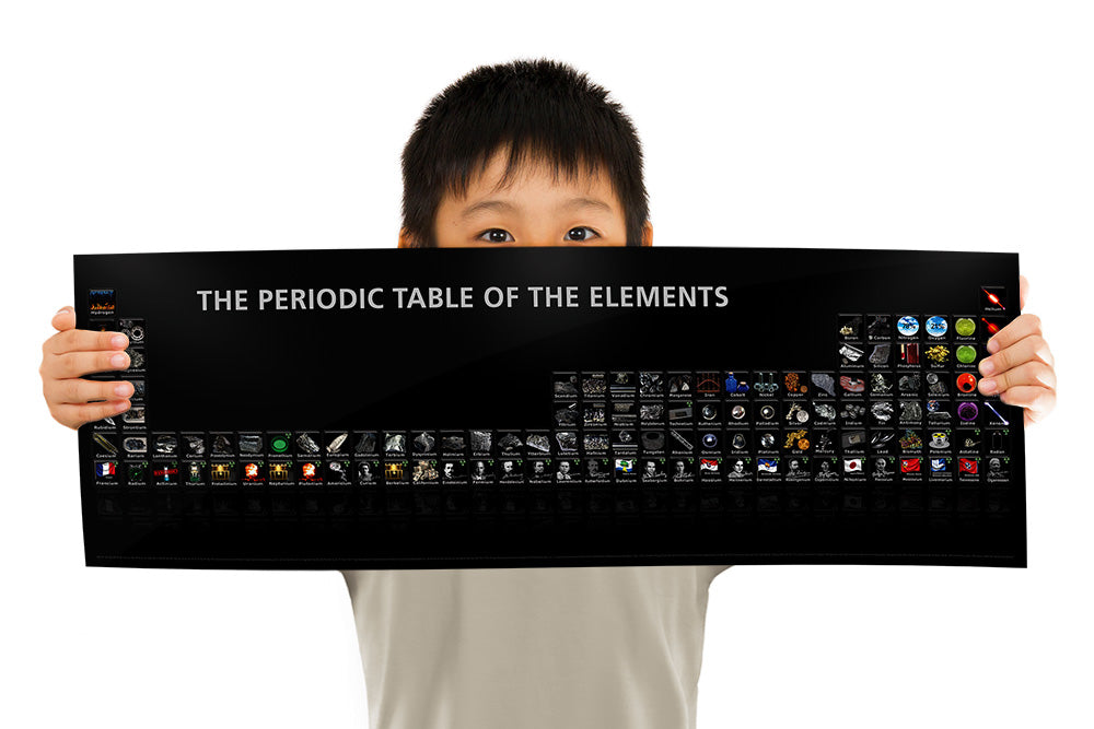 Child holding the periodic table of the elements