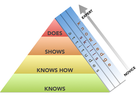Competency based training pyramid diagram showing levels of knowledge moving from novice to expert.