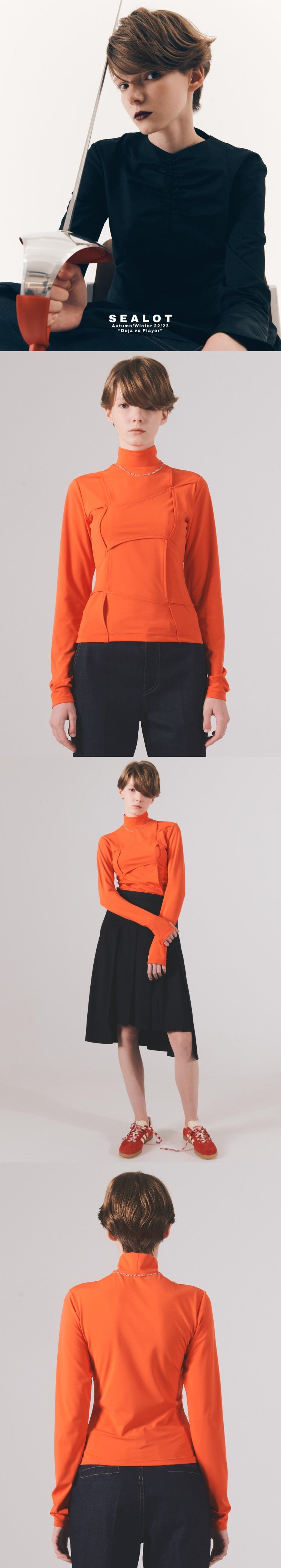 CURVED WEAVING LONG SLEEVE TOP (ORANGE)