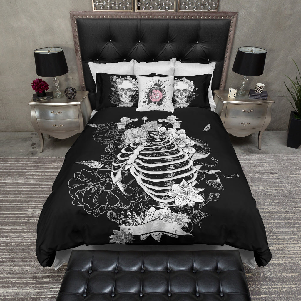 Black Flower Torso Skeleton Skull Bedding - Ink and Rags