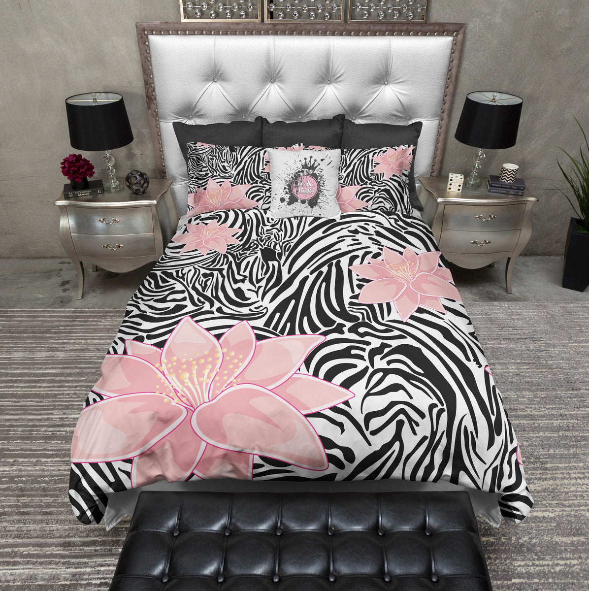pink and white zebra print bedding