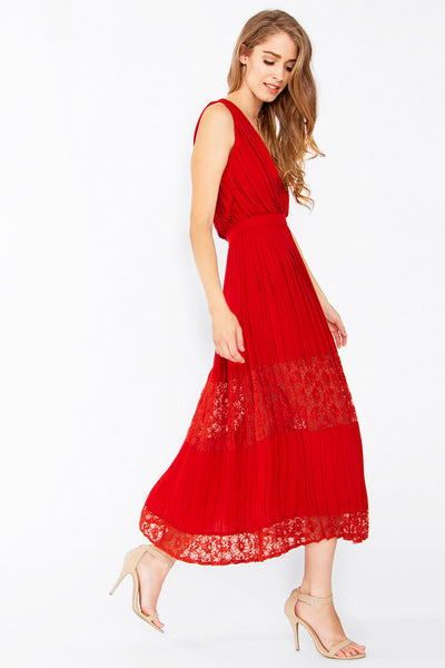 Home Â» Dresses Â» Eternal Pleats and Lace Midi Cocktail Dress - Red