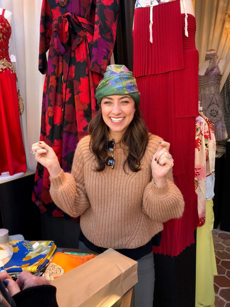 Here is Kate celebrating that unique option that she’ll never regret: An Hermes scarf turban from the Paris Flea market!