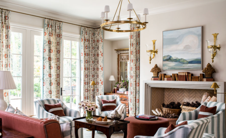 <a href="http://laurendeloachinteriors.com/" target="_blank">Lauren Deloach</a> created the most delightful living space with a fun mix of pattern play – and a beautiful little vignette in the corner that contains a luminous Louis XV commode and a crunchy mix.  Brown furniture is back!